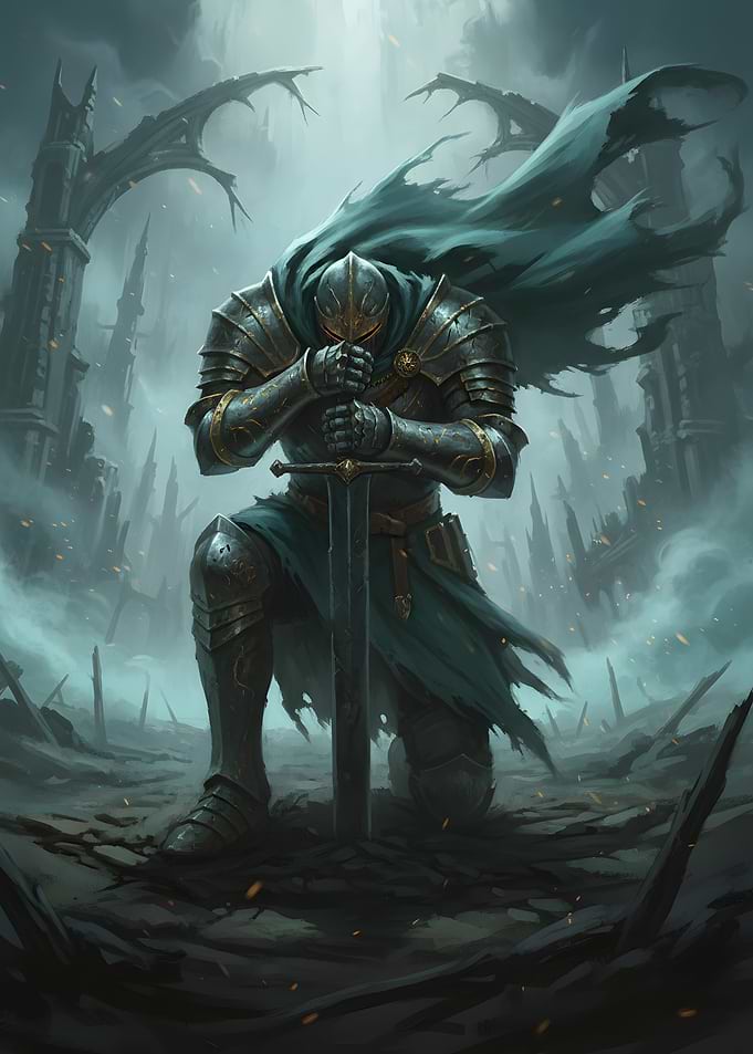 Knight Kneeling in Ruined City