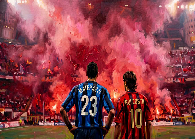 Football players in stadium with flares