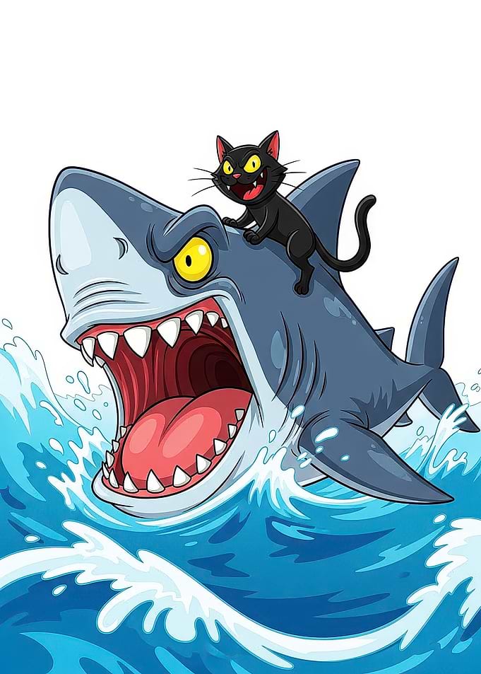 Black Cat Riding a Shark