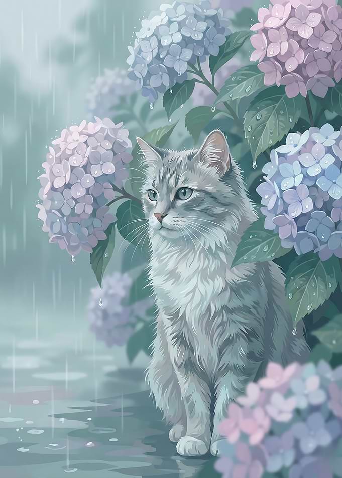 Serene Grey Cat in Hydrangea Rain