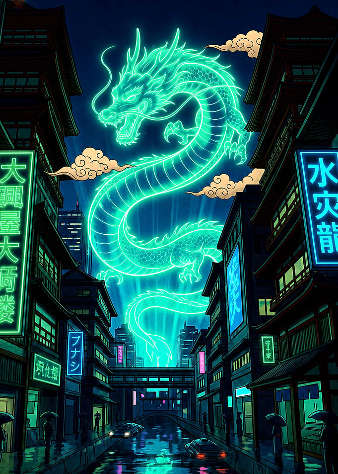Neon Dragon Over Rainy City