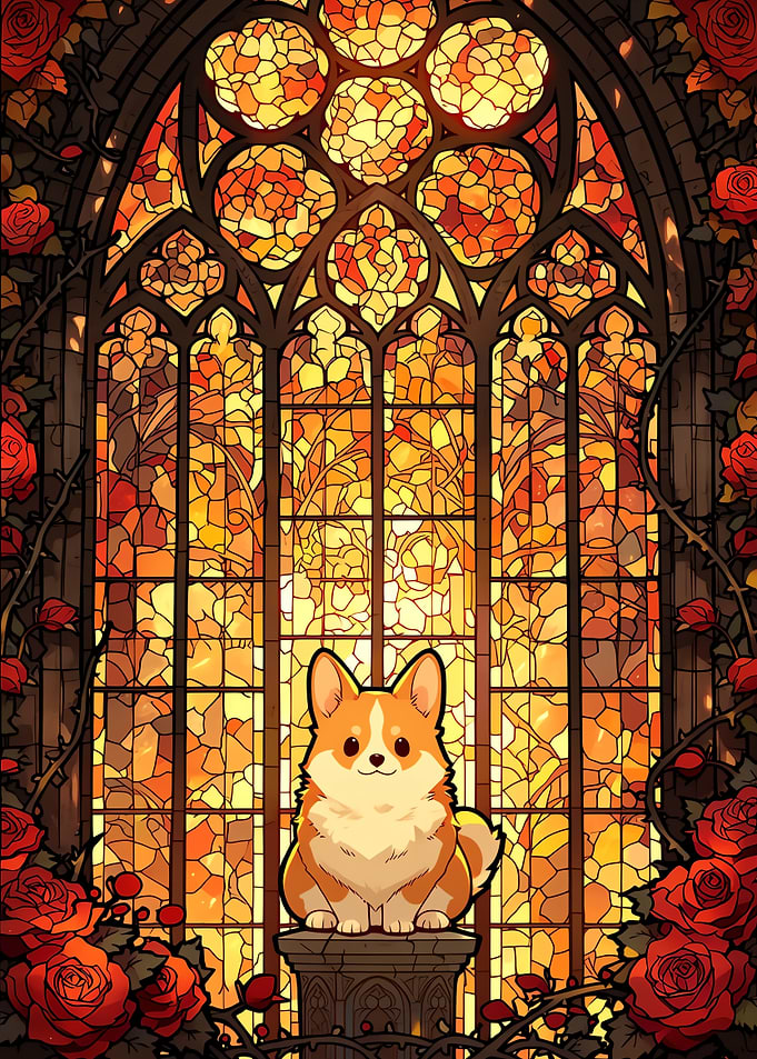 Corgi Cathedral - Cozy Stained Glass Fantasy Art