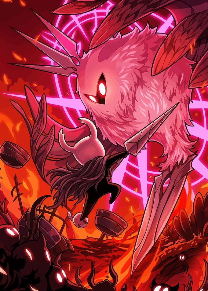 Knight fighting a large pink moth creature