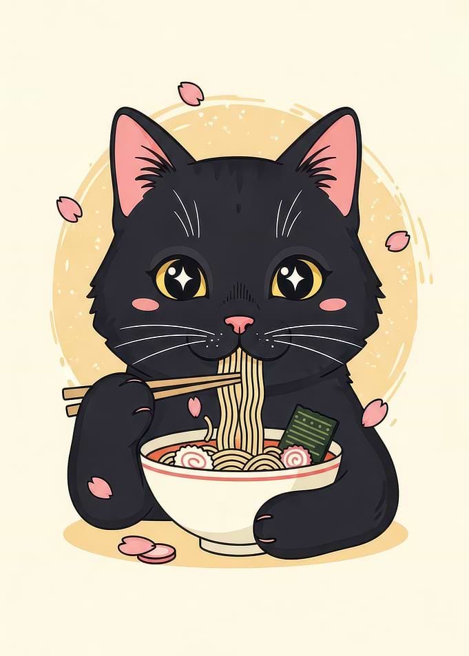 Cute Black Cat Eating Ramen