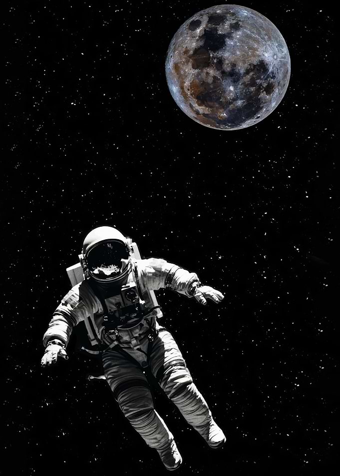 Astronaut floating in space with moon