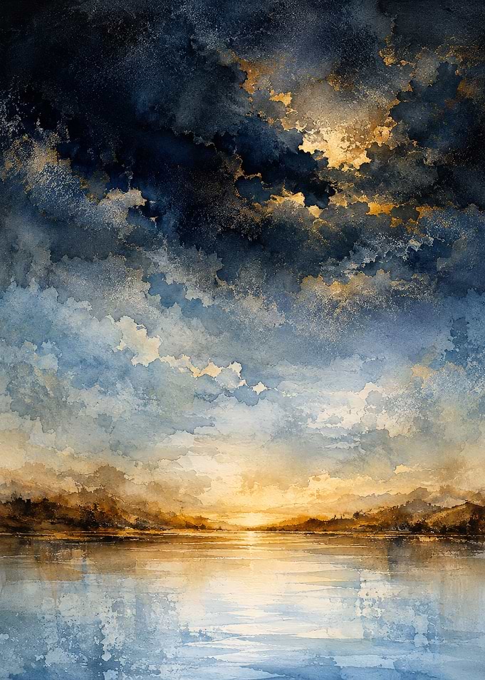 Watercolor Sunset Over Water