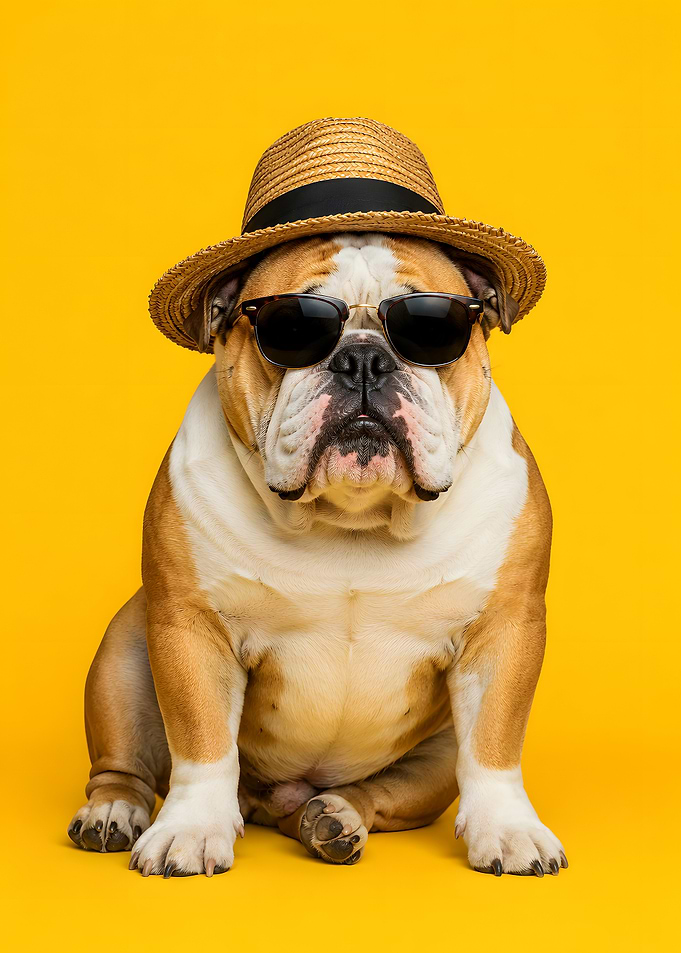 Bulldog wearing sunglasses and hat