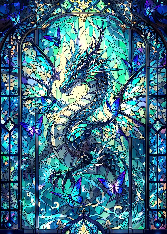 Azure Butterfly Dragon - Mystic Neon Stained Glass Fantasy
