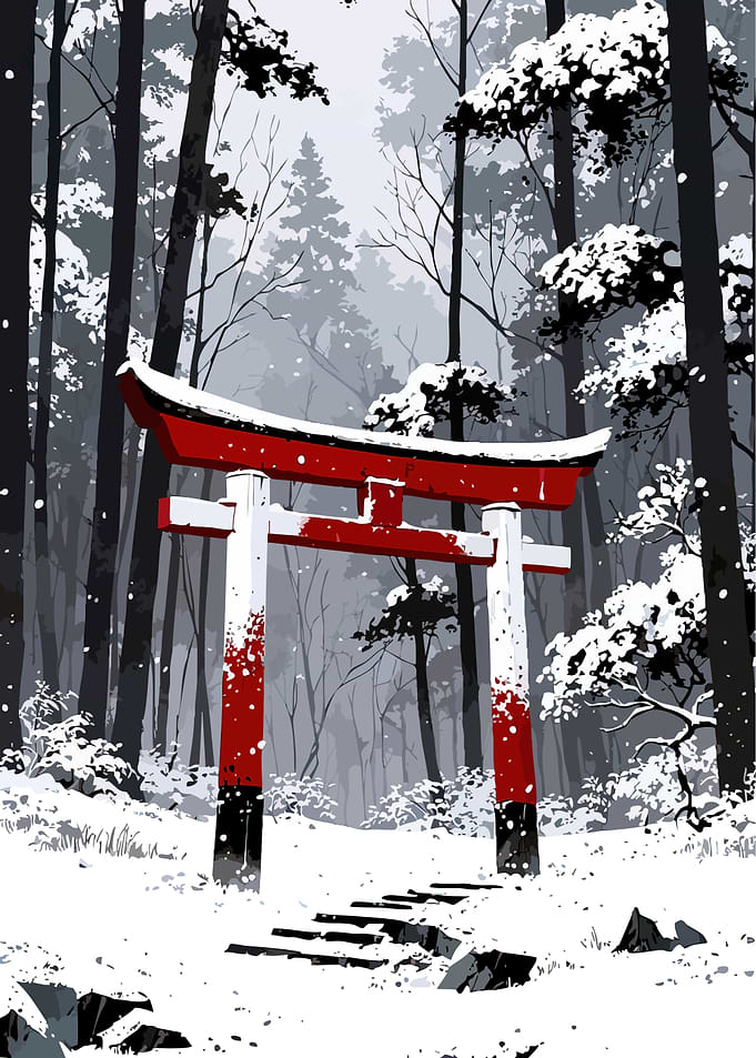 Snowy Torii Gate in Forest