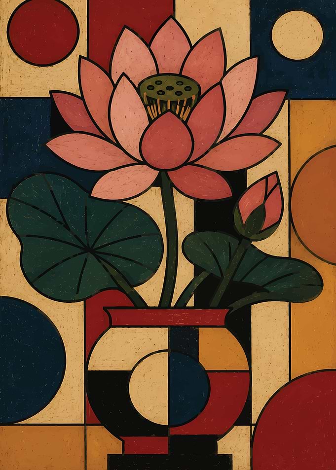 Pink Lotus Flower in Geometric Vase