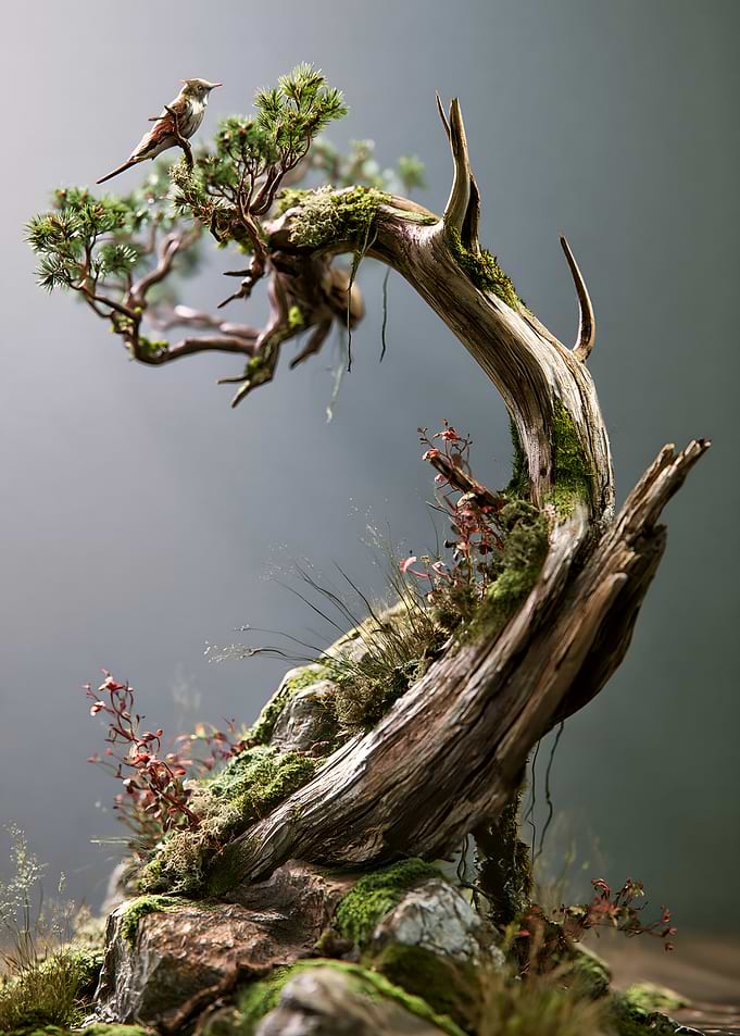 Miniature Bird on Bonsai Tree