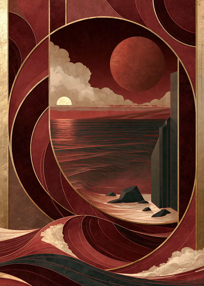 Art Deco Sunset Over Red Ocean