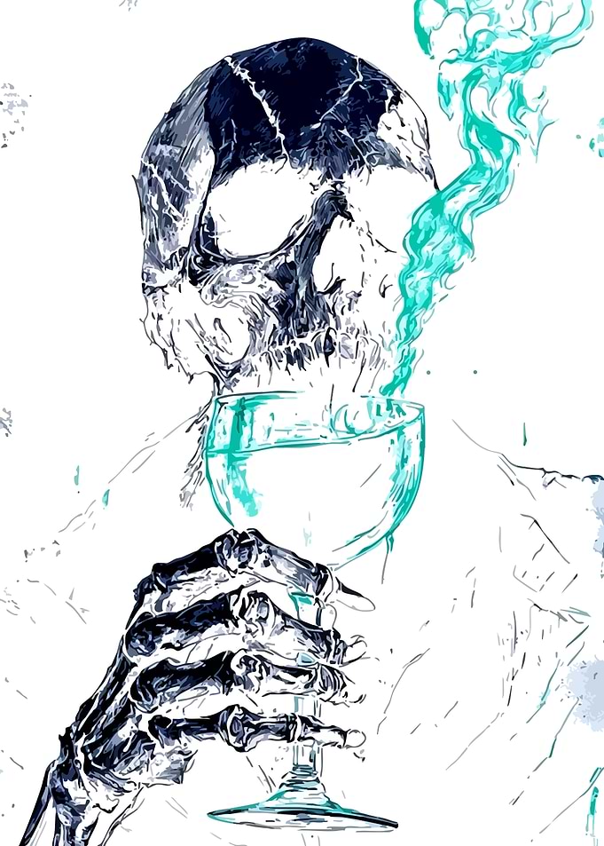 Skeleton holding a glass with glowing smoke