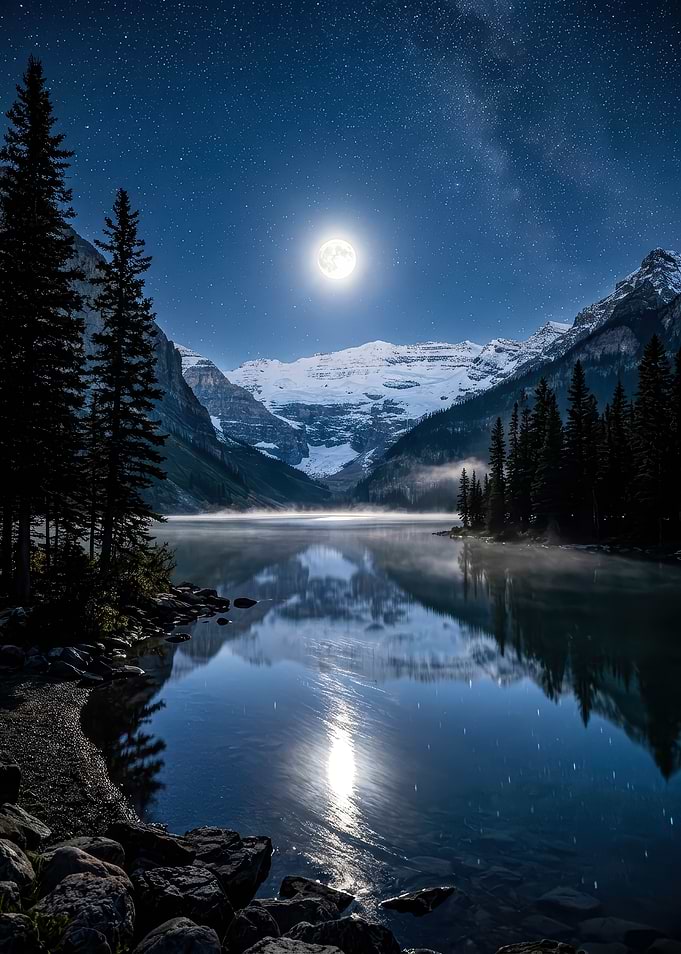Moonlit Mountain Lake Reflection