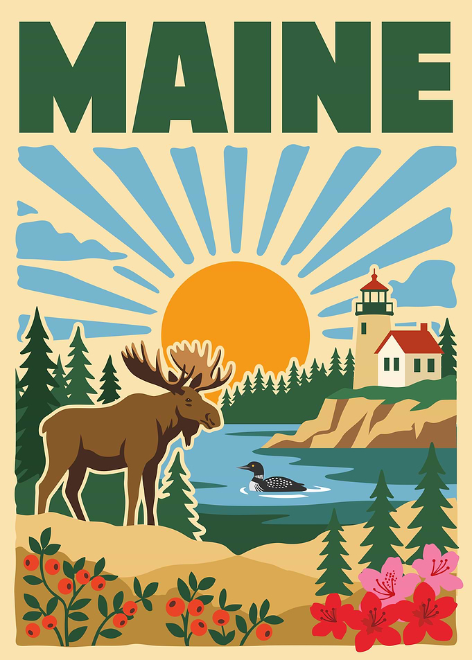 Maine Moose and Lighthouse Vintage Poster