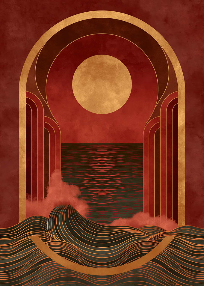 Art Deco Sunset Over Ocean