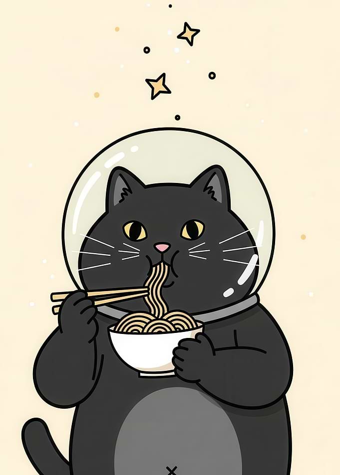 Astronaut Cat Eating Ramen