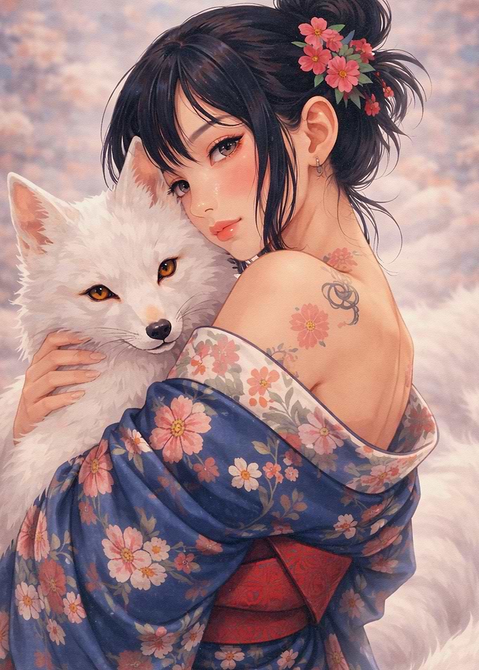 Woman Embracing White Fox