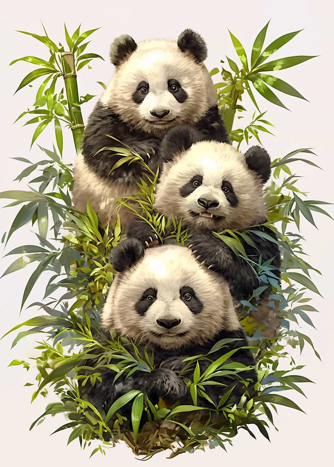 Three Pandas in Bamboo