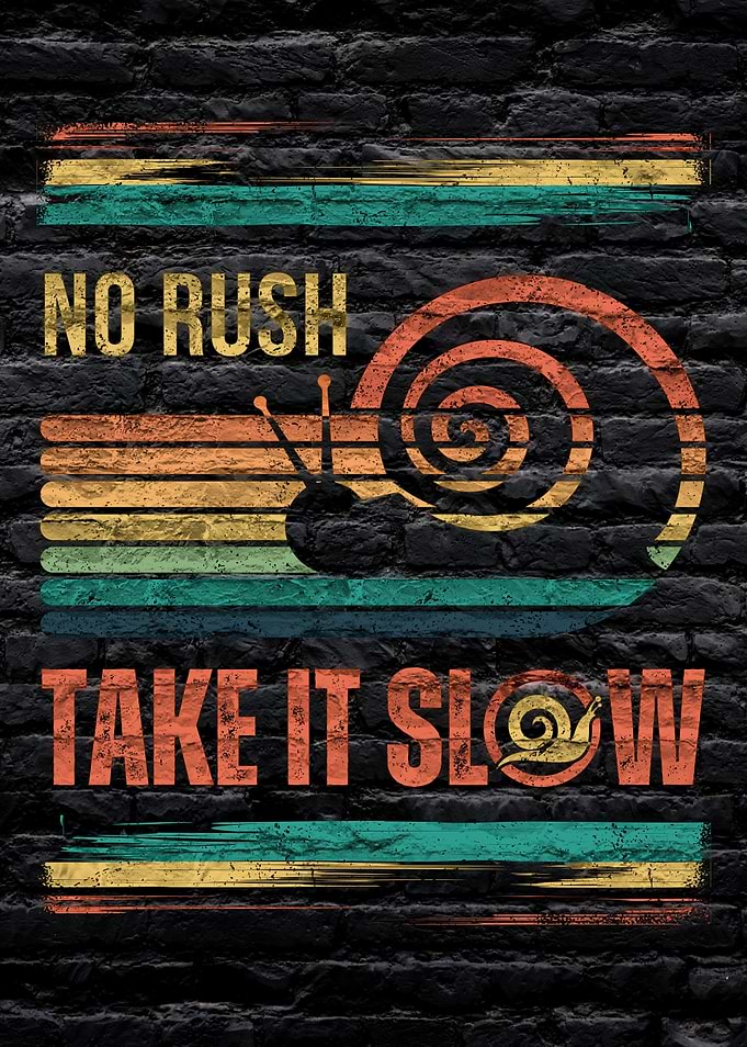 No Rush Take It Slow Snail retro rainbow graffiti on a dark brick wall background