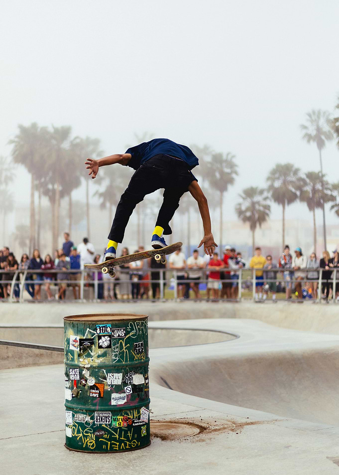 Venice Beach Skate Poster — Barrel Jump Action Shot, California Street Sport Wall Art