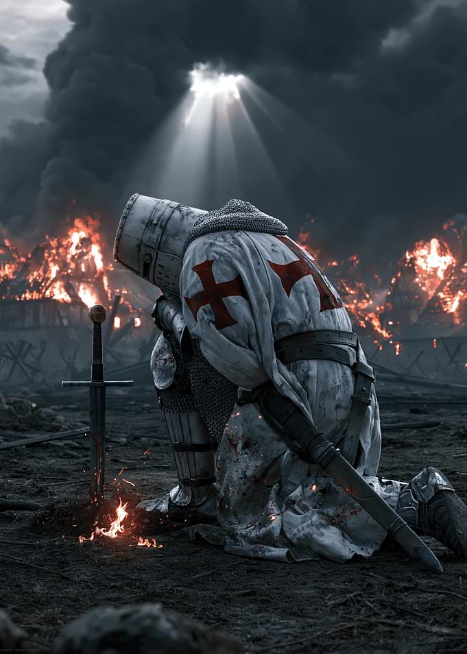 Knight Kneeling in Burning Village