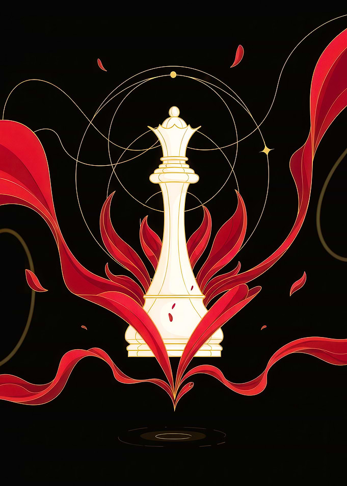 White Queen Chess Piece with Red Ribbons
