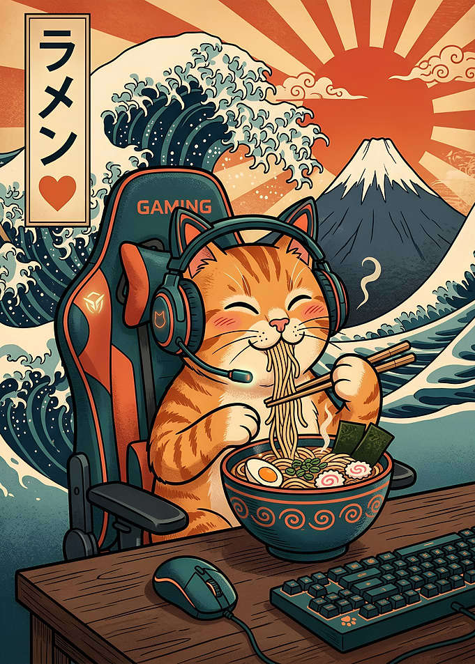 Gamer Cat Eating Ramen