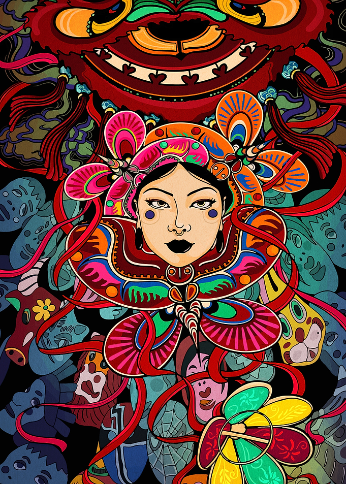 Vibrant Asian Woman in Traditional Headdress