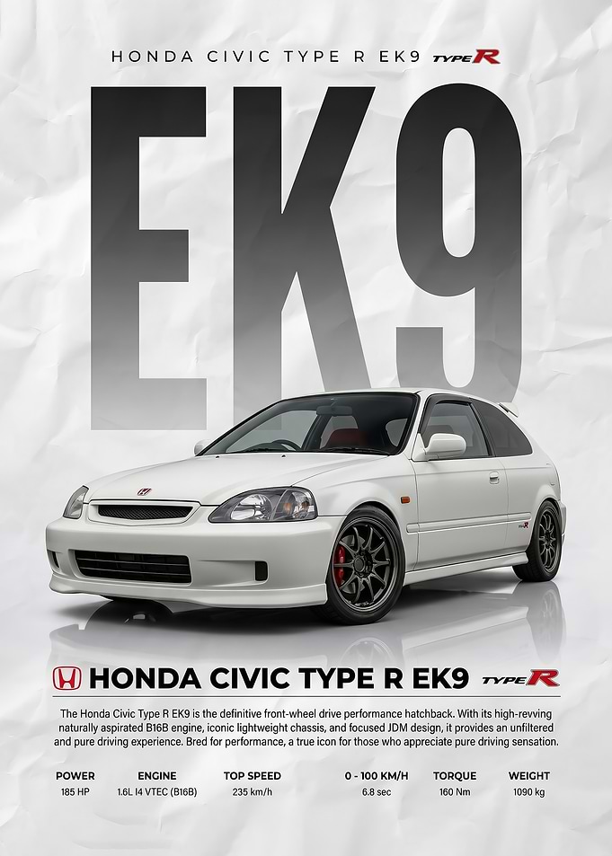 matte white Honda Civic EK9 Poster