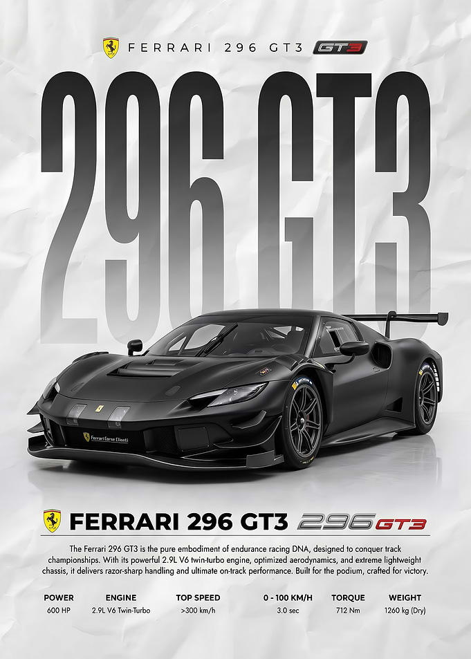 matte balck Ferrari 296 GT3 Race Car poster