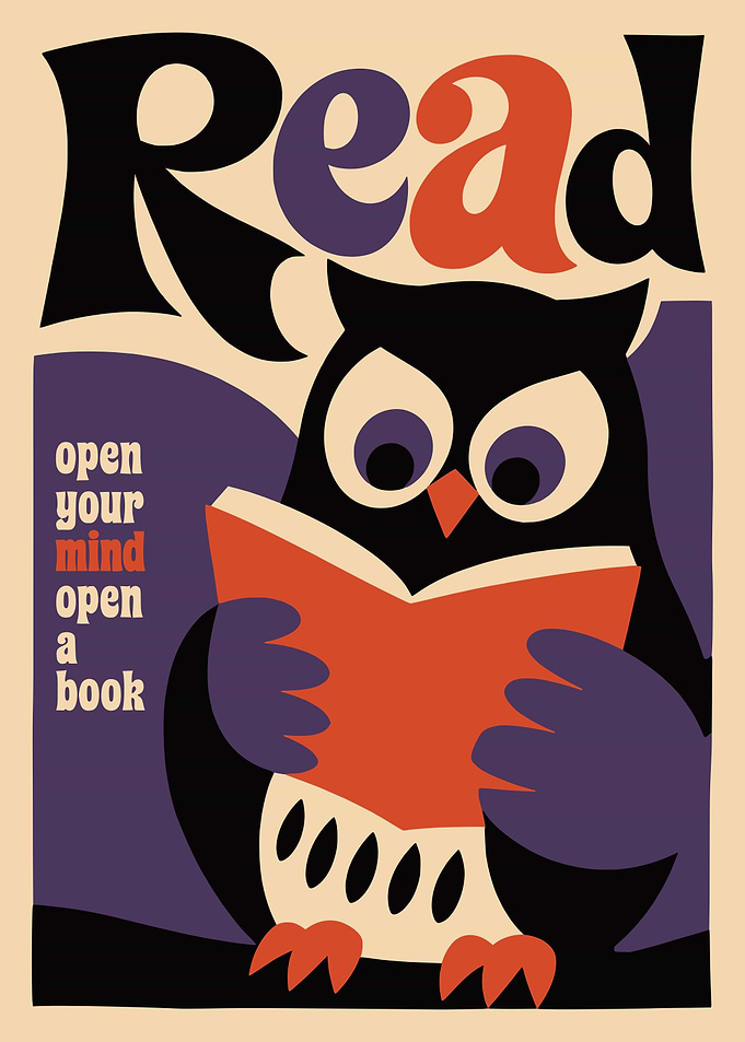 Retro Reading Owl Poster