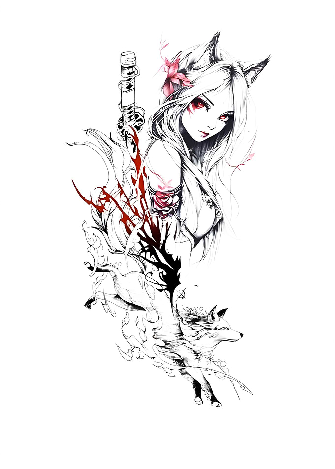 Anime Fox Girl with Sword and Wolf