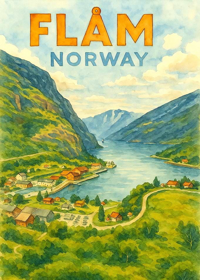 Flåm Norway Vintage Travel Poster | Watercolor Fjord Village Wall Art