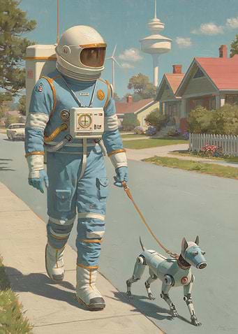 Astronaut walking a robot dog