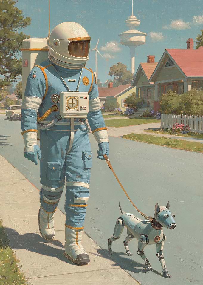 Astronaut walking a robot dog