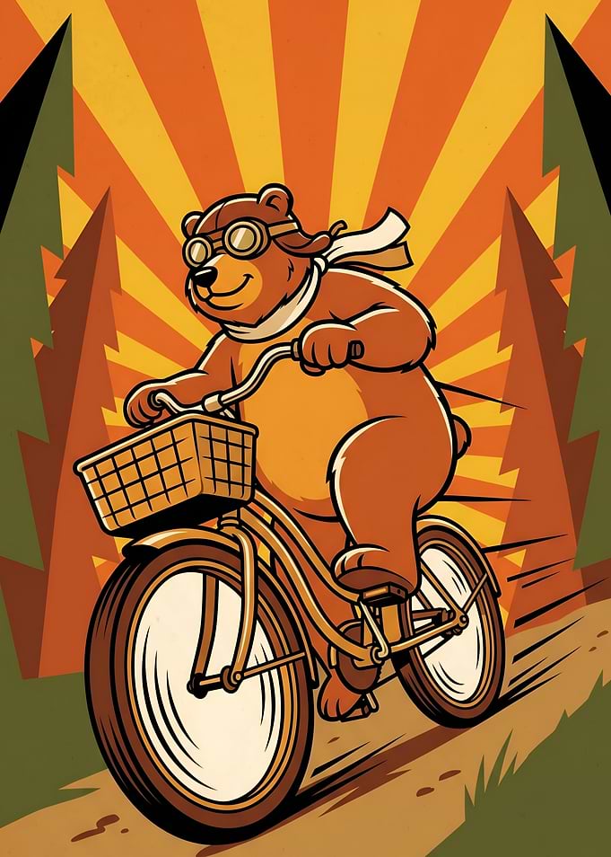 Bear riding a bicycle in the forest