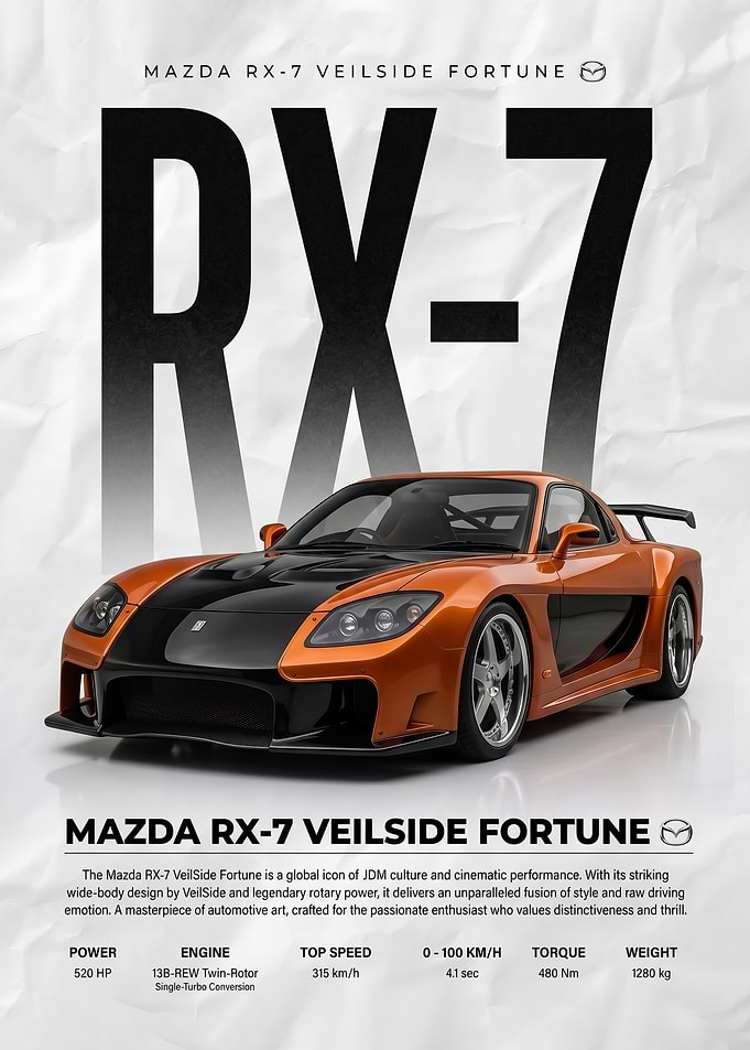 orange sport Mazda RX-7 Veilside Fortune car poster