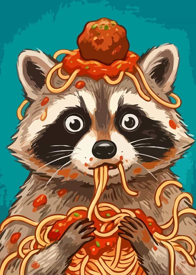 Raccoon Eating Spaghetti