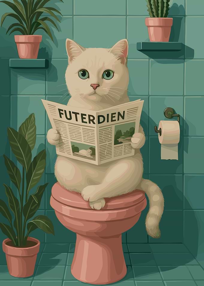 Cat Reading Newspaper in toilet