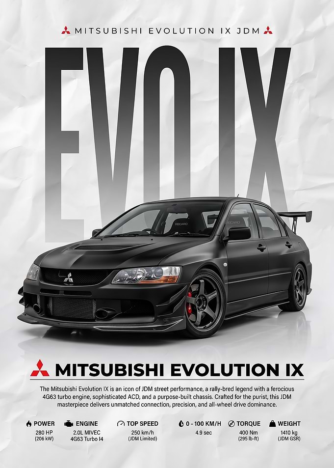 matte black Mitsubishi Evolution IX JDM Poster