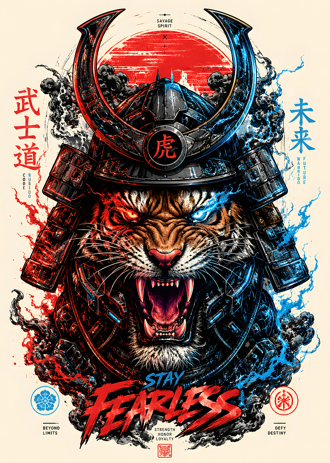 Tiger Samurai with 'Stay Fearless' Text