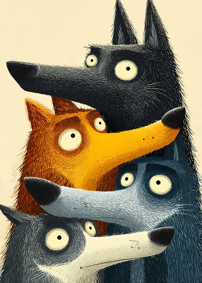 Four Cartoon Wolves Stacked Together