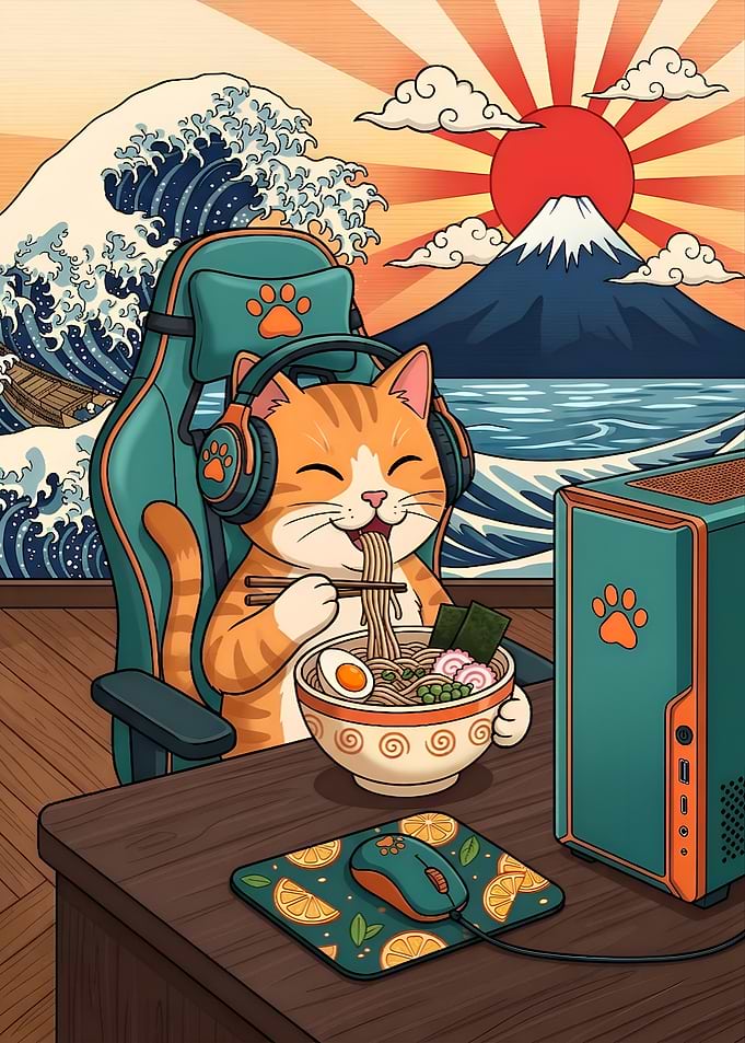 Gamer Cat Eating Ramen with Mount Fuji