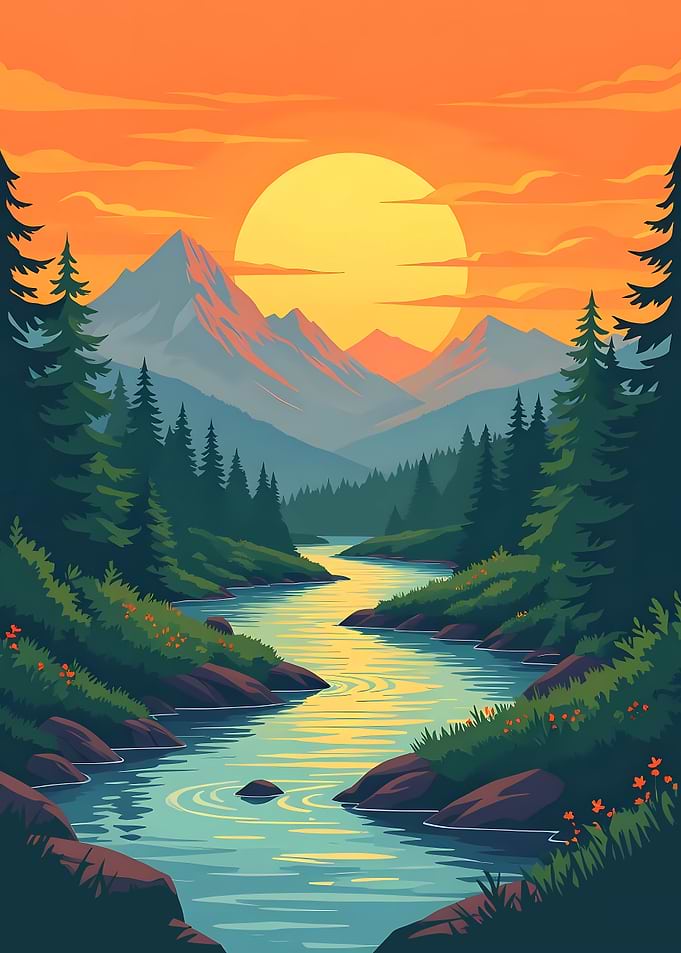 Sunset Over Mountain River Landscape