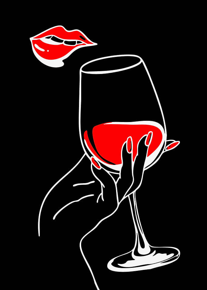 Woman's hand holding wine glass with red lips
