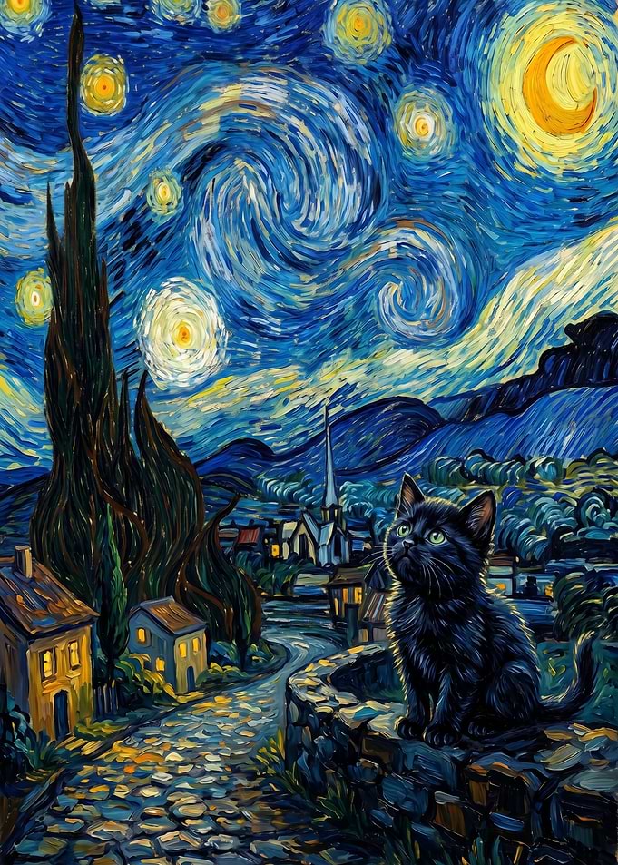 Black Cat in Starry Night
