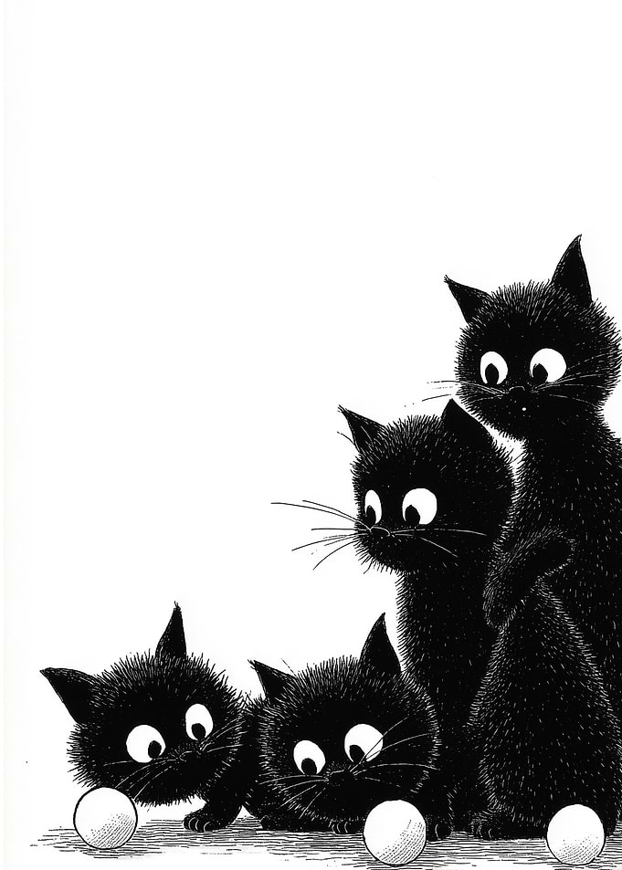 Four Black Kittens Playing with Balls