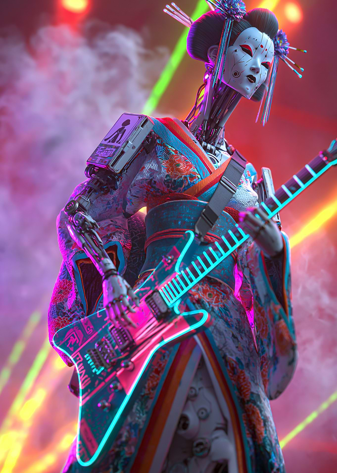 Cyberpunk Geisha Robot Playing Guitar