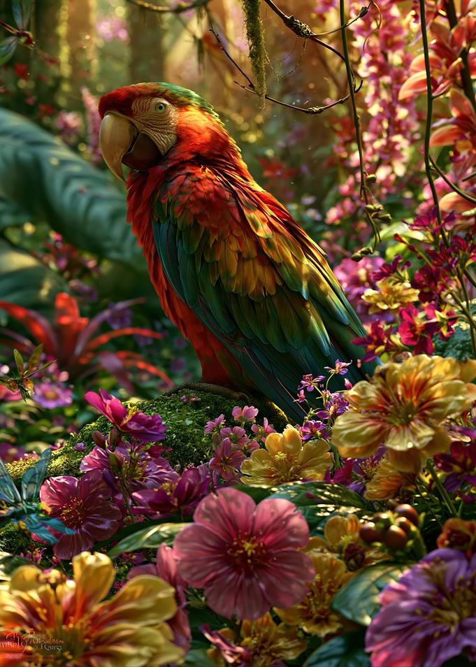Vibrant Macaw in a Lush Tropical Garden